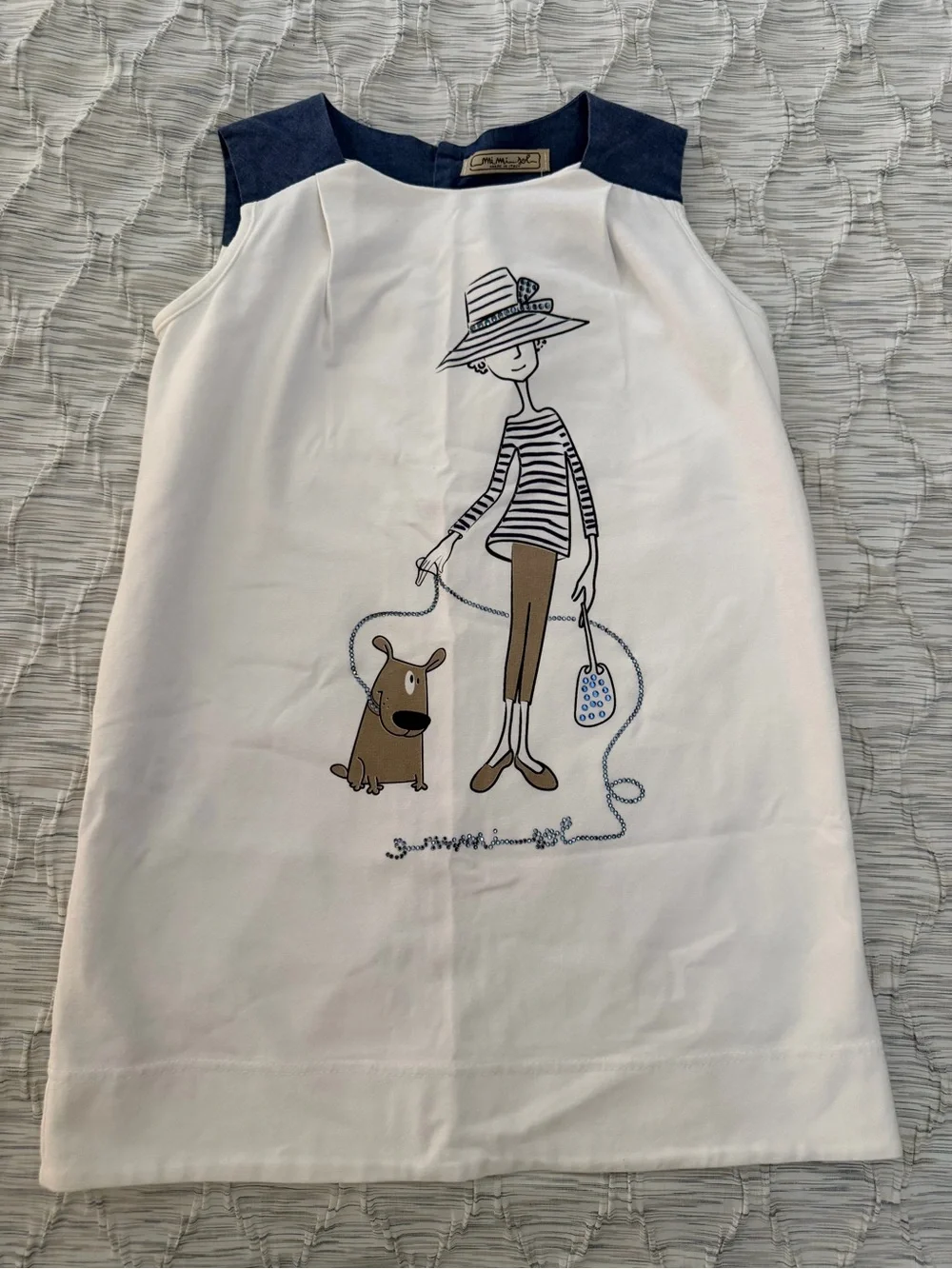 Mimi sol Girls White & Navy Graphic Shift Dress size 5-6 rhinestone dog print